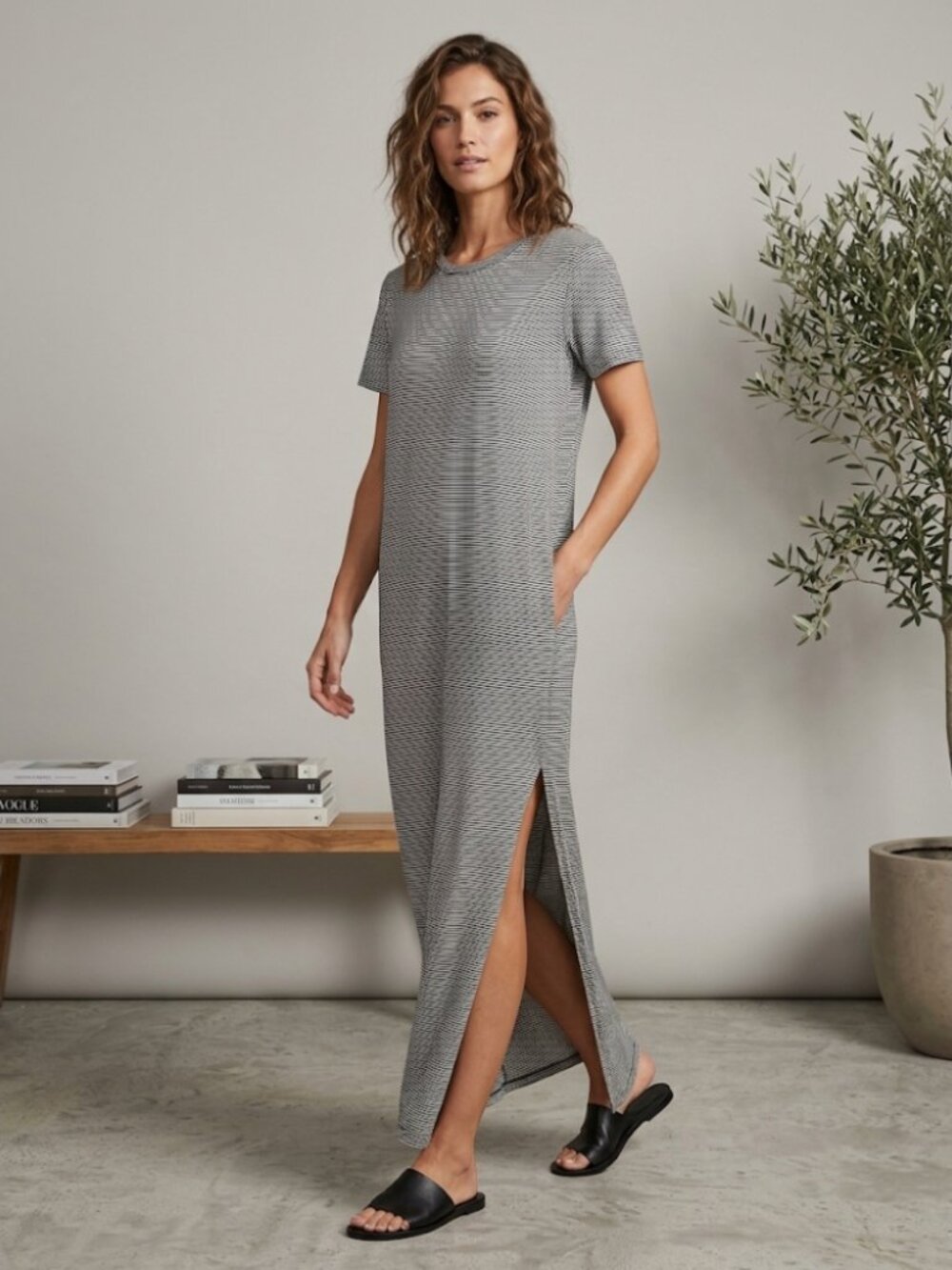 Amo Black & White Striped Print Crew Neck T-Shirt Maxi Dress Cotton Size L